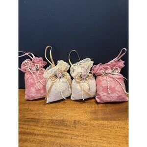 4 Miniature Pearl & Rose Lace Bags Ornaments Pink Cream Victorian Decor Set